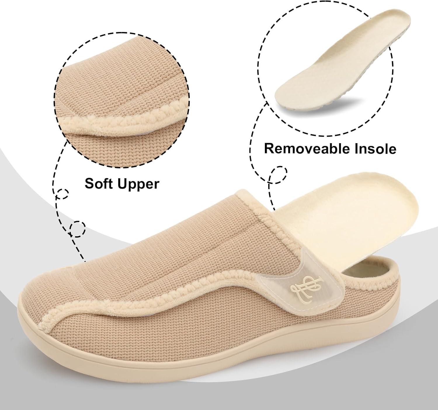 imageLeIsfIt Mens Slippers Wide Diabetic House Slippers Adjustable Slip On Warm Bedroom House Shoes for Edema Swollen Feet Indoor Outdoor SlipperBeige