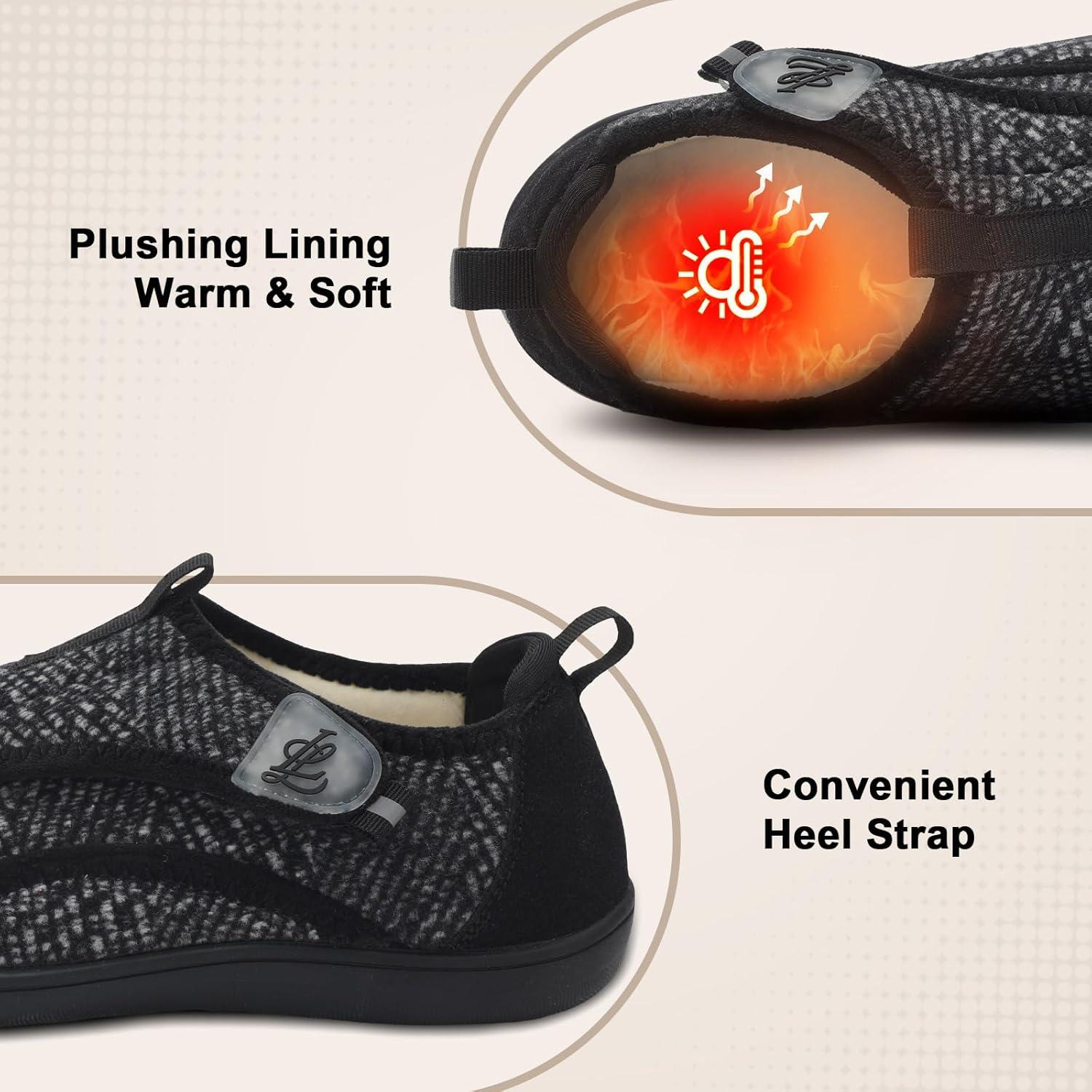 imageLeIsfIt Mens Slippers Wide House Shoes Adjustable Diabetic Slippers Warm Soft House Slipper for Swollen Edema Feet Indoor Outdoor Warm ShoesBlackpattern