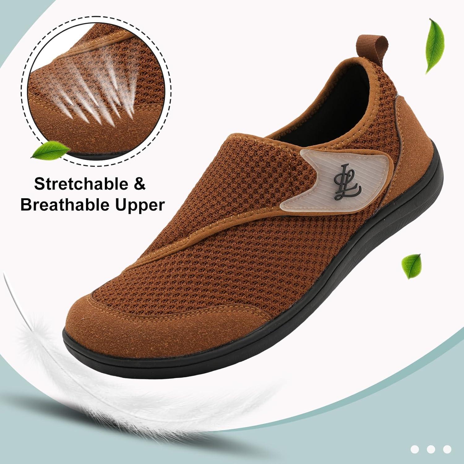 imageLeIsfIt Mens Wide Diabetic Shoes Adjustable Barefoot Walking Shoes Breathable Zero Drop Sneakers for Wide Width Arthritis Edema FeetBrown