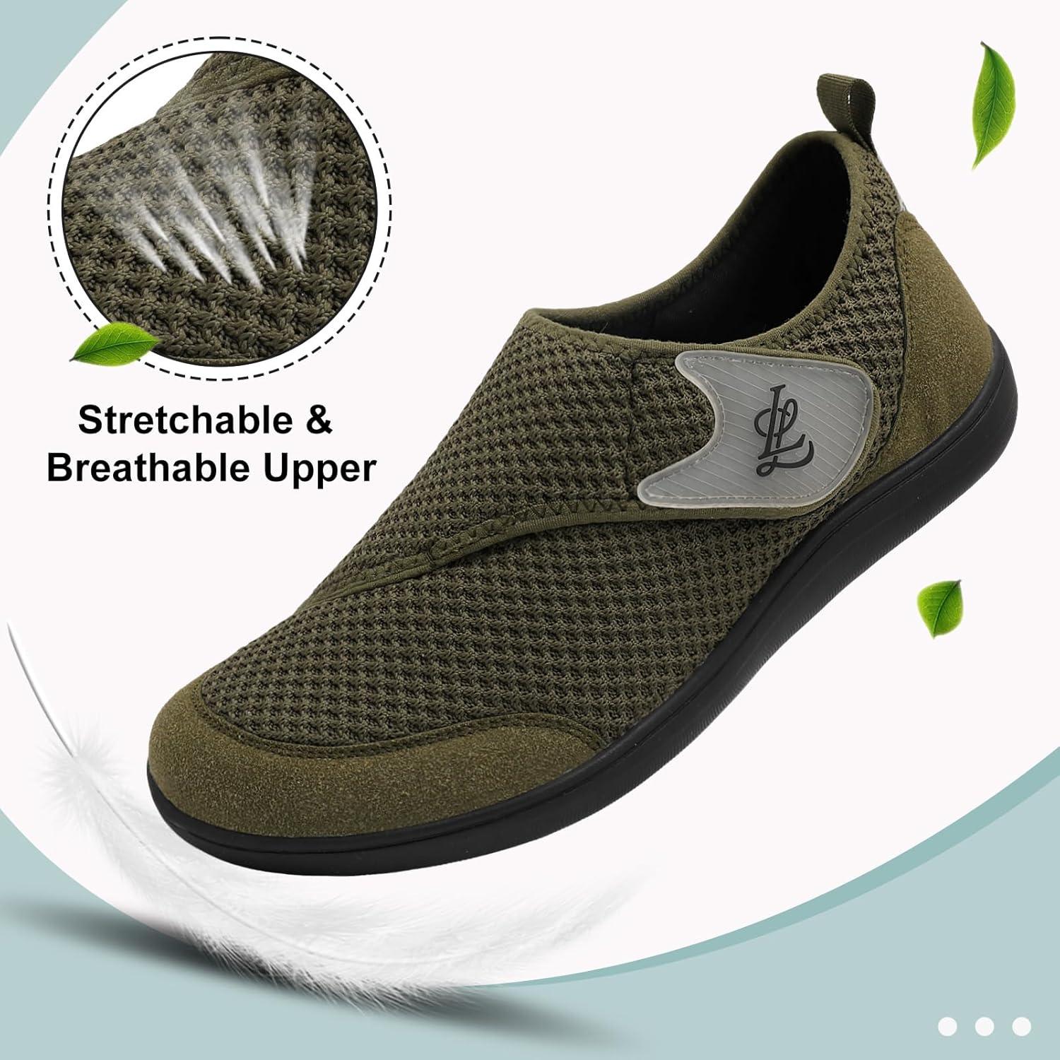 imageLeIsfIt Mens Wide Diabetic Shoes Adjustable Barefoot Walking Shoes Breathable Zero Drop Sneakers for Wide Width Arthritis Edema FeetCdark Green