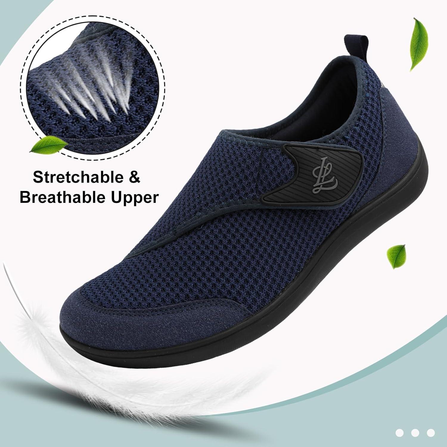 imageLeIsfIt Mens Wide Diabetic Shoes Adjustable Barefoot Walking Shoes Breathable Zero Drop Sneakers for Wide Width Arthritis Edema FeetCnavy