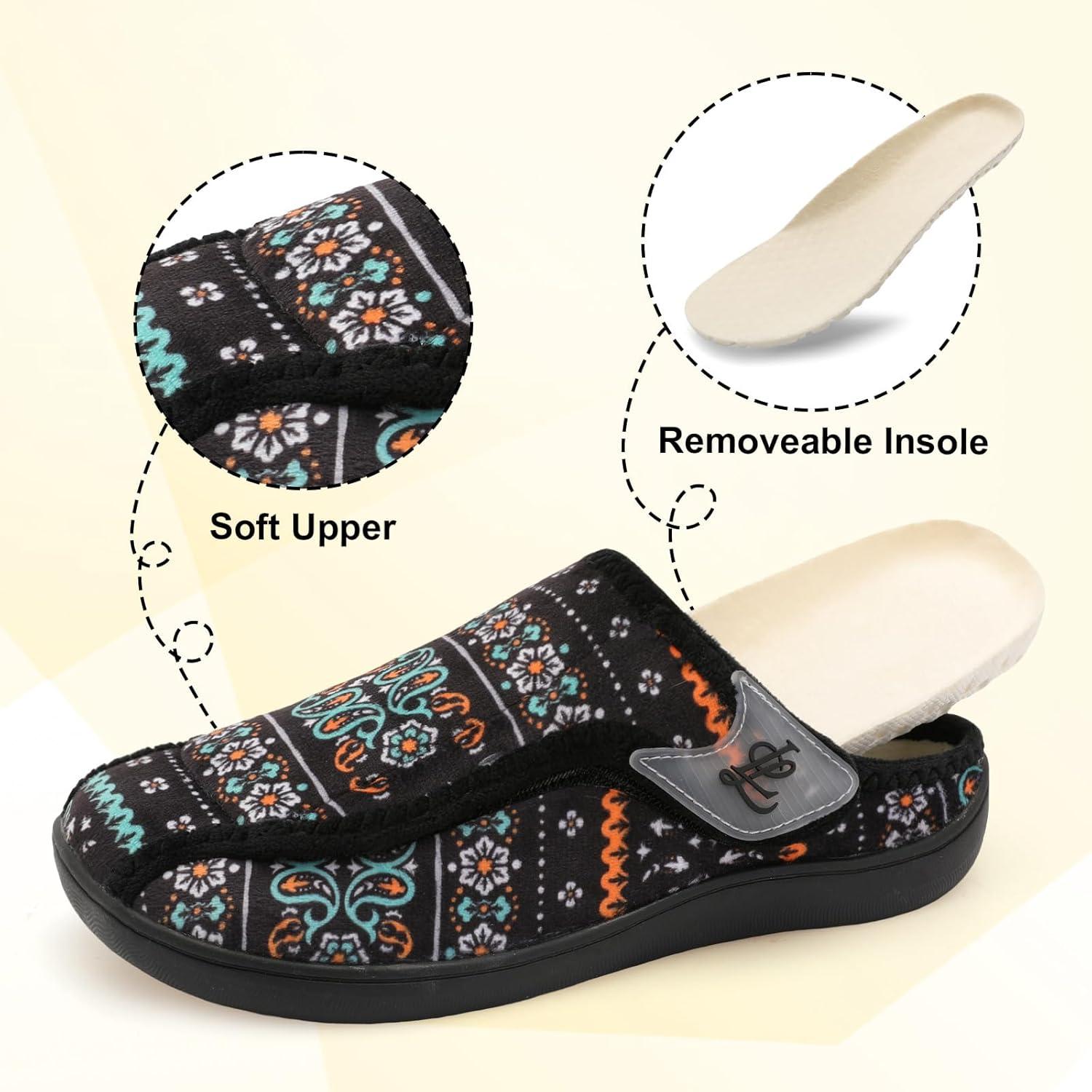 imageLeIsfIt Slippers for Women Extra Wide House Slippers Elderly Slip on House Shoes NonSlip Indoor Outdoor Slipper Adjustable for Diabetic Swollen FeetBlackpattern