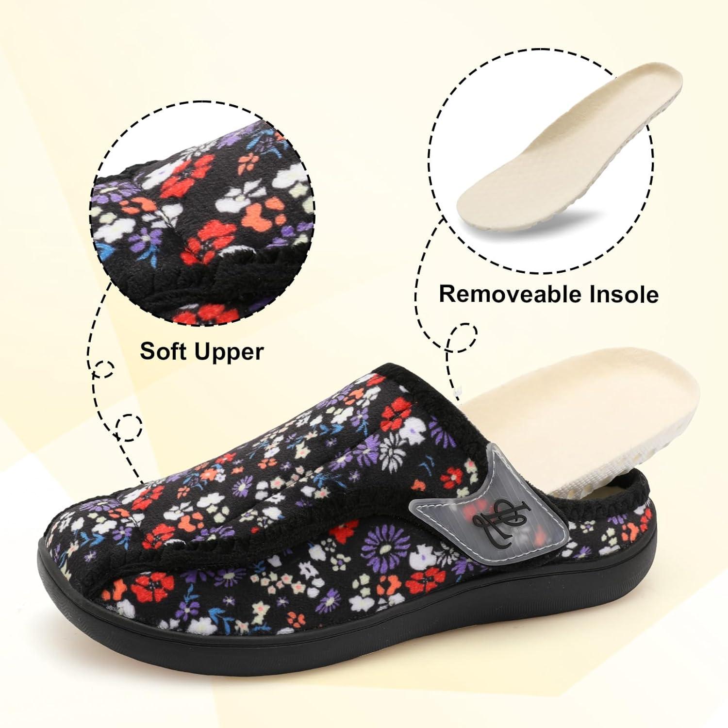 imageLeIsfIt Slippers for Women Extra Wide House Slippers Elderly Slip on House Shoes NonSlip Indoor Outdoor Slipper Adjustable for Diabetic Swollen FeetBlackflower