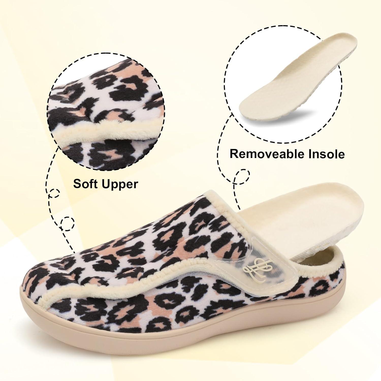 imageLeIsfIt Slippers for Women Extra Wide House Slippers Elderly Slip on House Shoes NonSlip Indoor Outdoor Slipper Adjustable for Diabetic Swollen FeetLeopard