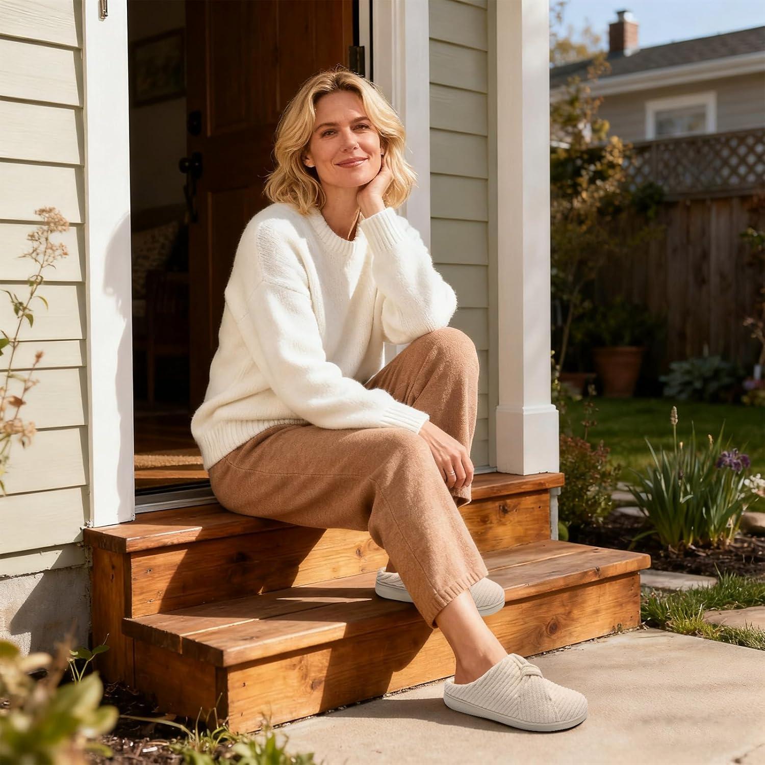 imageLeIsfIt Slippers for Women Wide Memory Foam House Slippers Corduroy Slip on Bedroom Slipper Nonslip Warm House Shoes Indoor and OutdoorBeige