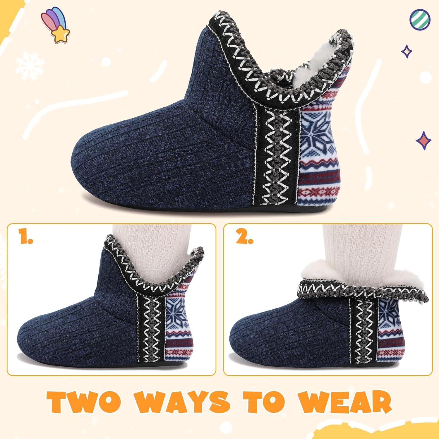 imageLeIsfIt Toddler Slippers Boys Girls Cozy Warm House Shoes Kids Nonslip Winter Slipper Booties Slip on Plush Lining Sock SlippersNavy