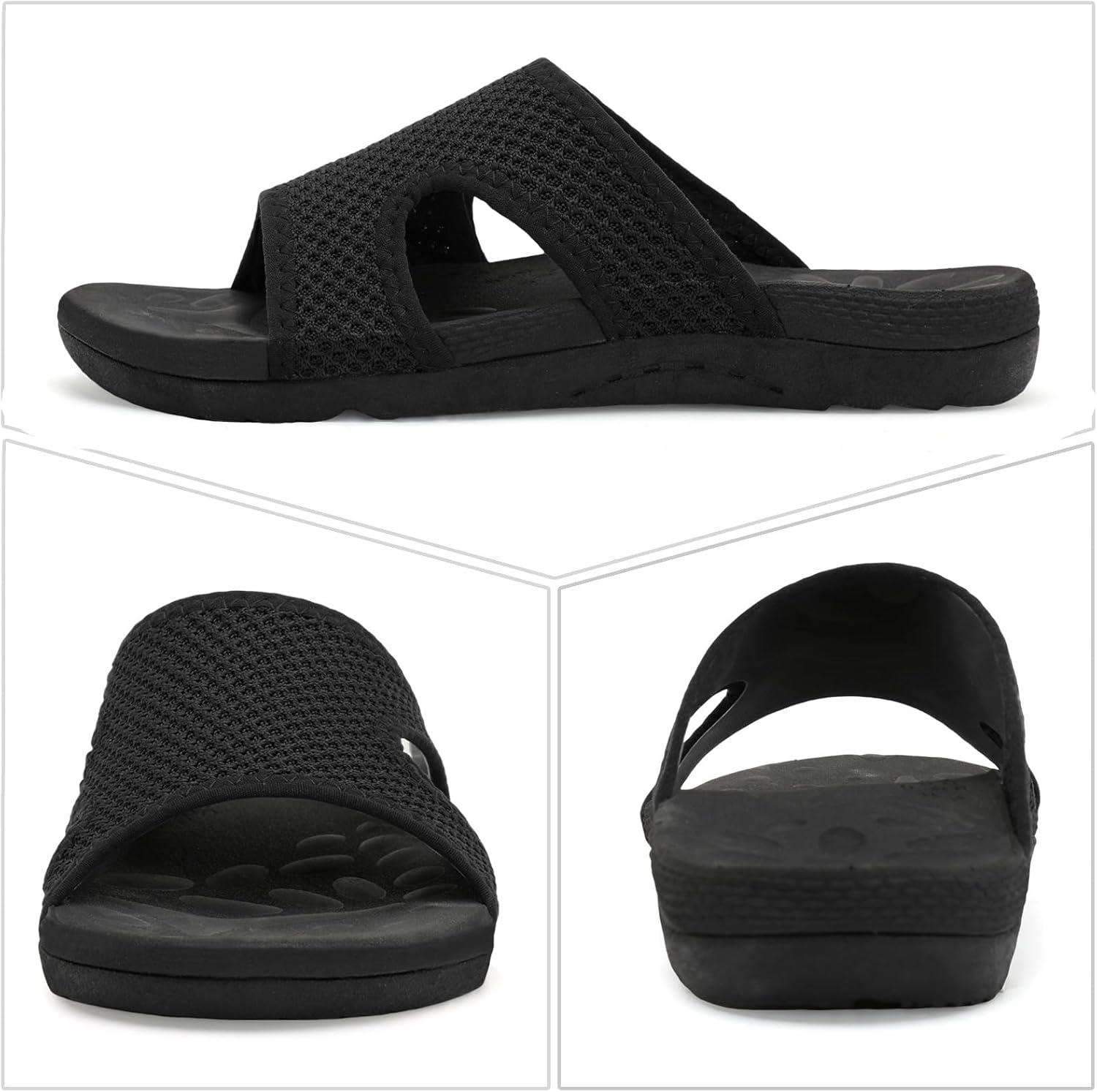 imageLeIsfIt Womens Slide Sandals Arch Support Slides Slip on Plantar Fasciitis Sandals Ladies Yoga Mat Thick Cushion Slipper Slides for Indoor OutdoorBlack