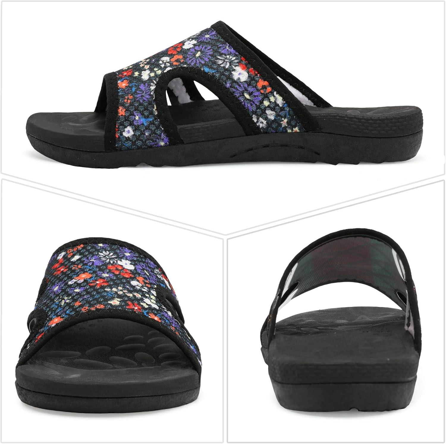 imageLeIsfIt Womens Slide Sandals Arch Support Slides Slip on Plantar Fasciitis Sandals Ladies Yoga Mat Thick Cushion Slipper Slides for Indoor OutdoorBlack Flower