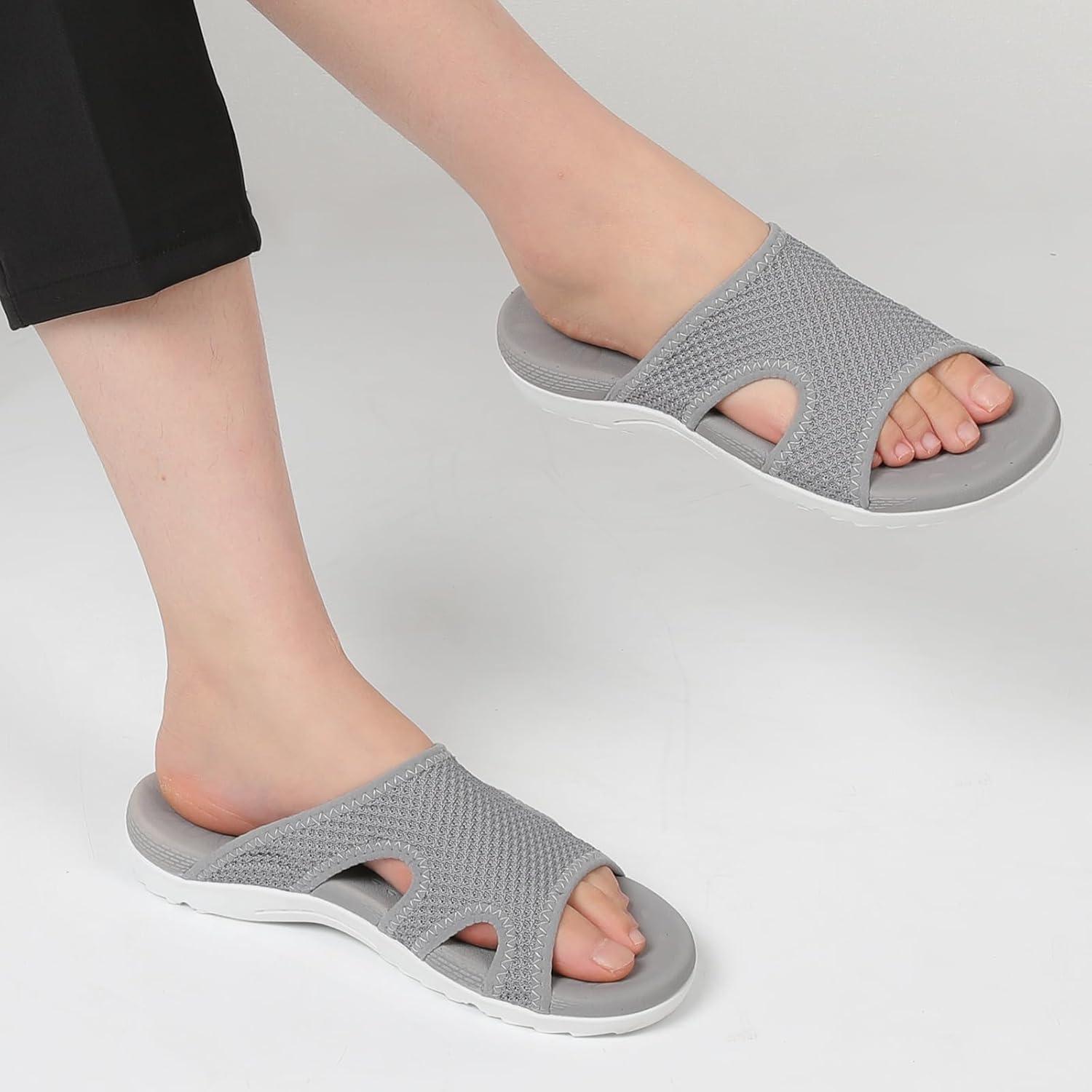 imageLeIsfIt Womens Slide Sandals Arch Support Slides Slip on Plantar Fasciitis Sandals Ladies Yoga Mat Thick Cushion Slipper Slides for Indoor OutdoorCgrey