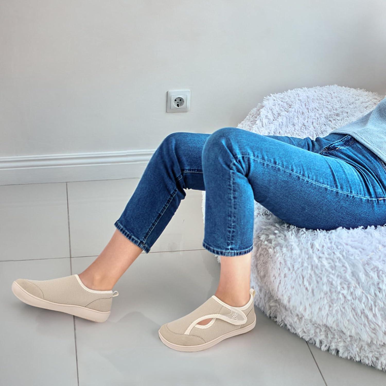 imageLeIsfIt Womens Slippers Wide Diabetic Shoes Adjustable Arthritis Edema House Shoes Indoor Outdoor SlippersBeige