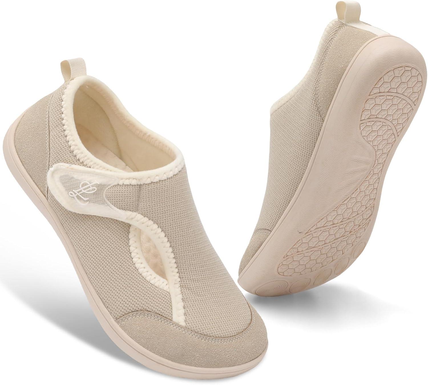 imageLeIsfIt Womens Slippers Wide Diabetic Shoes Adjustable Arthritis Edema House Shoes Indoor Outdoor SlippersBeige