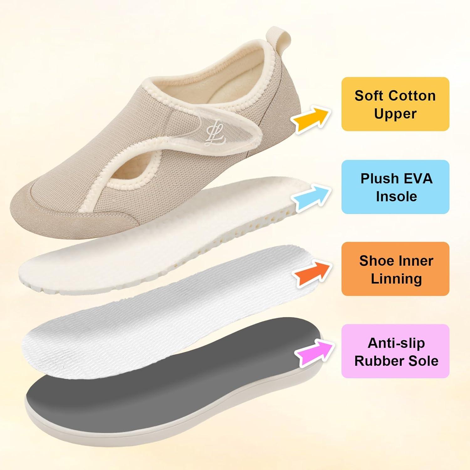 imageLeIsfIt Womens Slippers Wide Diabetic Shoes Adjustable Arthritis Edema House Shoes Indoor Outdoor SlippersBeige