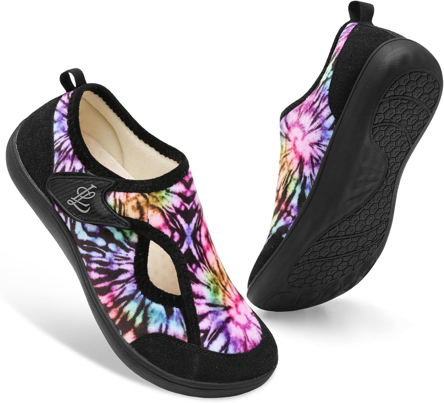 imageLeIsfIt Womens Slippers Wide Diabetic Shoes Adjustable Arthritis Edema House Shoes Indoor Outdoor SlippersBlack Multi