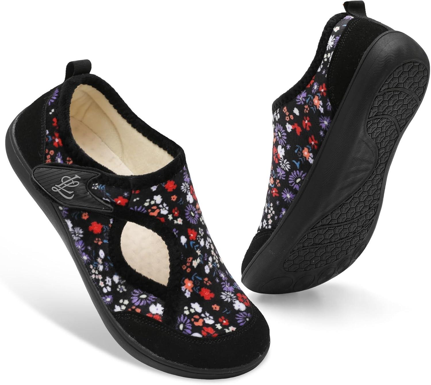 imageLeIsfIt Womens Slippers Wide Diabetic Shoes Adjustable Arthritis Edema House Shoes Indoor Outdoor SlippersFlowerBlack