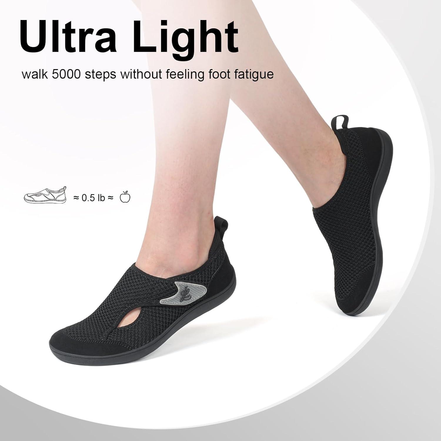 imageLeIsfIt Womens Wide Diabetic Shoes Adjustable Barefoot Walking Shoes Breathable Zero Drop Sneakers for Wide Width Arthritis Edema FeetBlack