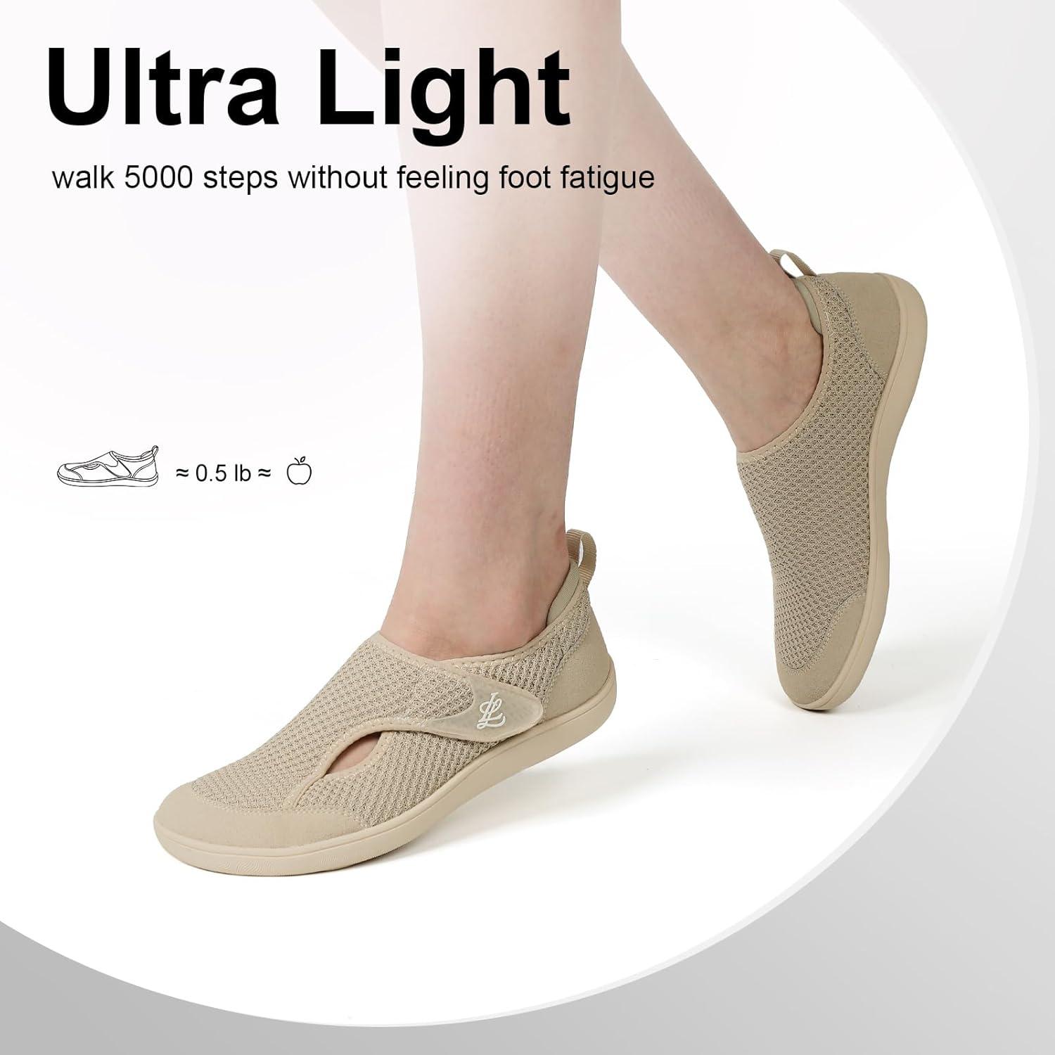 imageLeIsfIt Womens Wide Diabetic Shoes Adjustable Barefoot Walking Shoes Breathable Zero Drop Sneakers for Wide Width Arthritis Edema FeetBtaupe