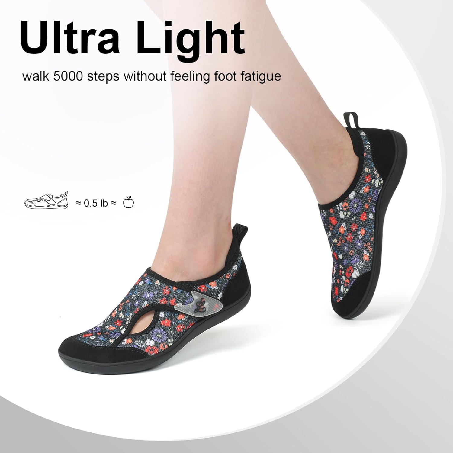 imageLeIsfIt Womens Wide Diabetic Shoes Adjustable Barefoot Walking Shoes Breathable Zero Drop Sneakers for Wide Width Arthritis Edema FeetDblack Flower