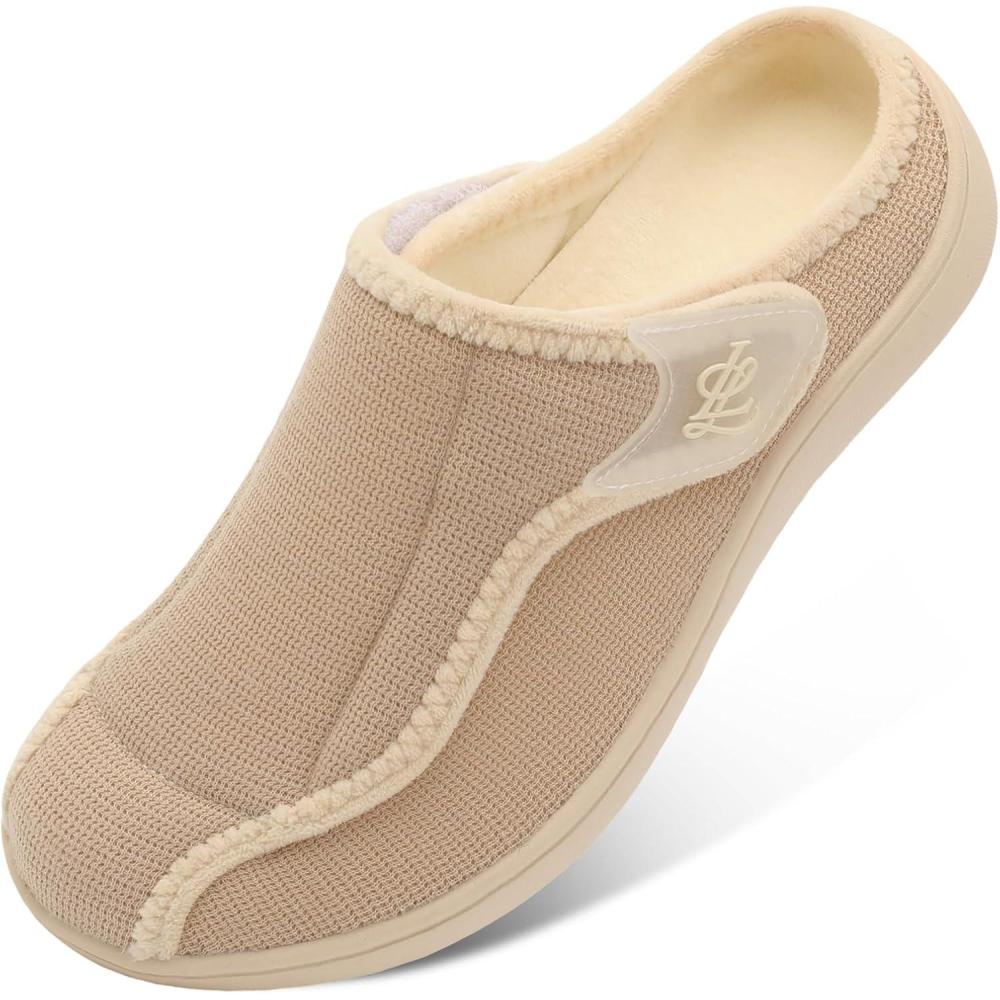 imageLeIsfIt Mens Slippers Wide Diabetic House Slippers Adjustable Slip On Warm Bedroom House Shoes for Edema Swollen Feet Indoor Outdoor SlipperBeige