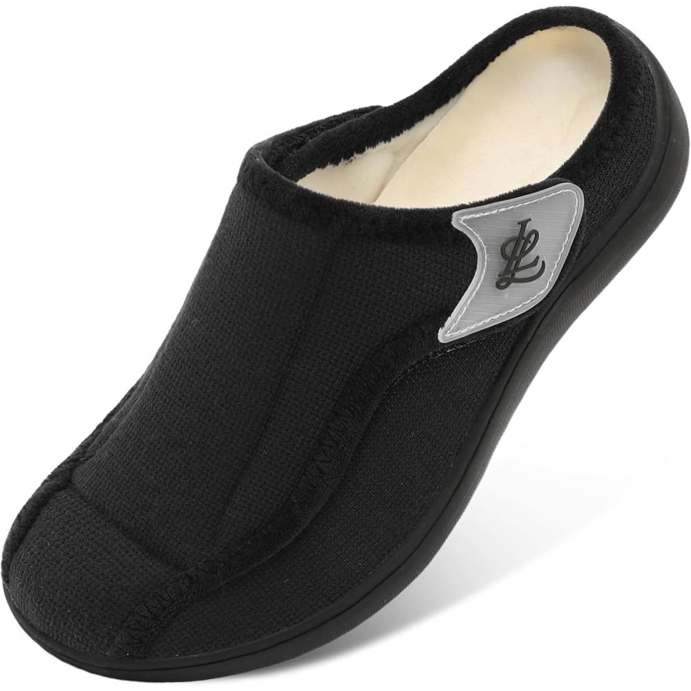 imageLeIsfIt Mens Slippers Wide Diabetic House Slippers Adjustable Slip On Warm Bedroom House Shoes for Edema Swollen Feet Indoor Outdoor SlipperBlack