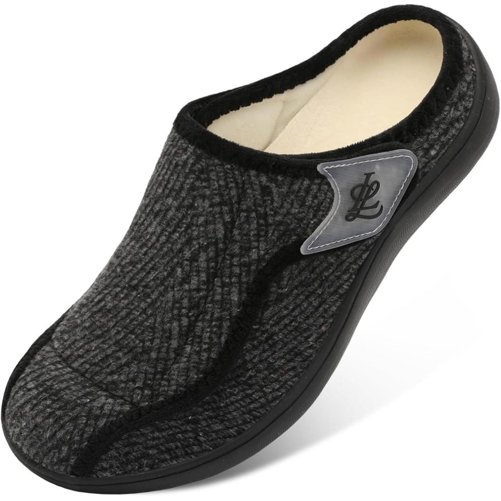imageLeIsfIt Mens Slippers Wide Diabetic House Slippers Adjustable Slip On Warm Bedroom House Shoes for Edema Swollen Feet Indoor Outdoor SlipperBlackpattern