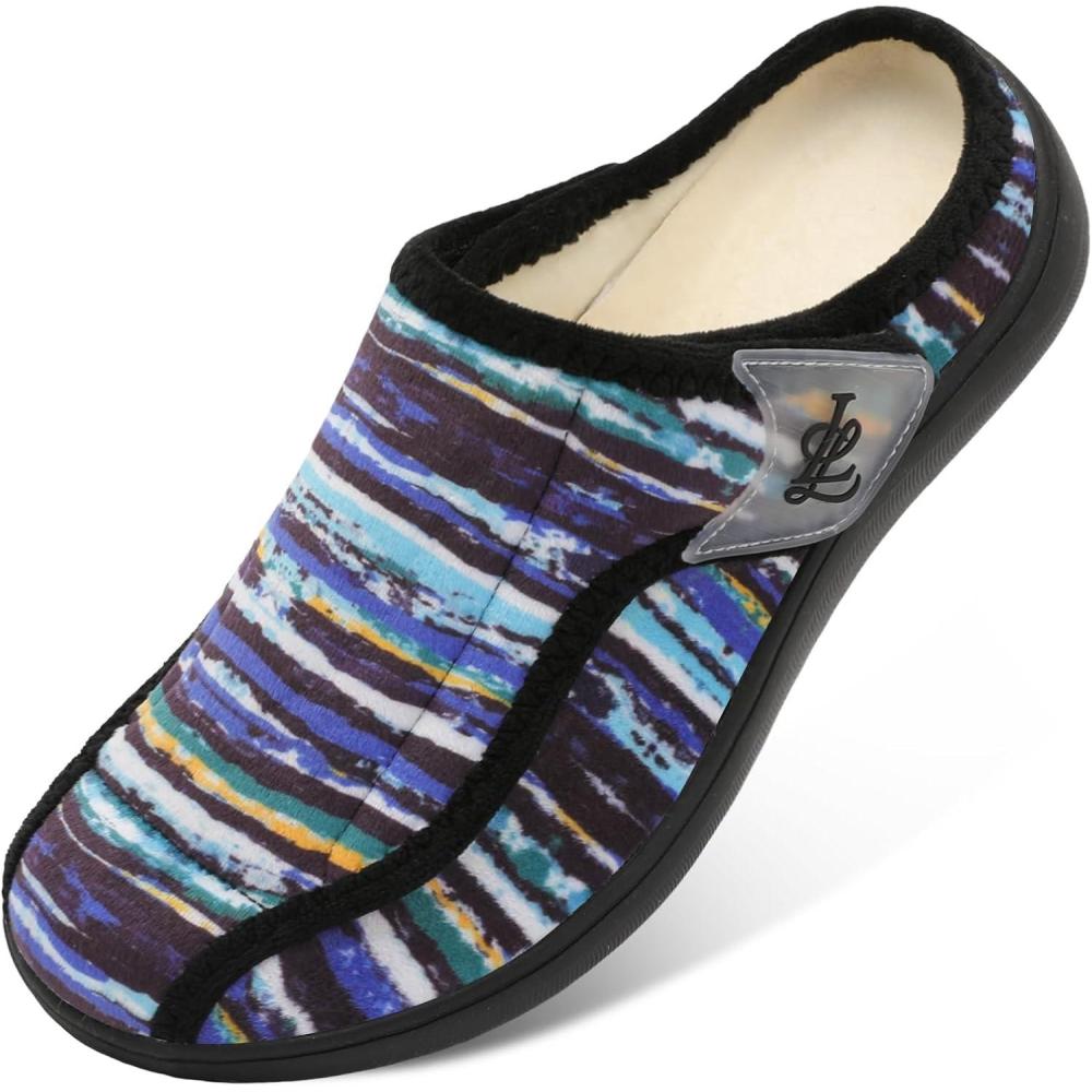 imageLeIsfIt Mens Slippers Wide Diabetic House Slippers Adjustable Slip On Warm Bedroom House Shoes for Edema Swollen Feet Indoor Outdoor SlipperBluestripe