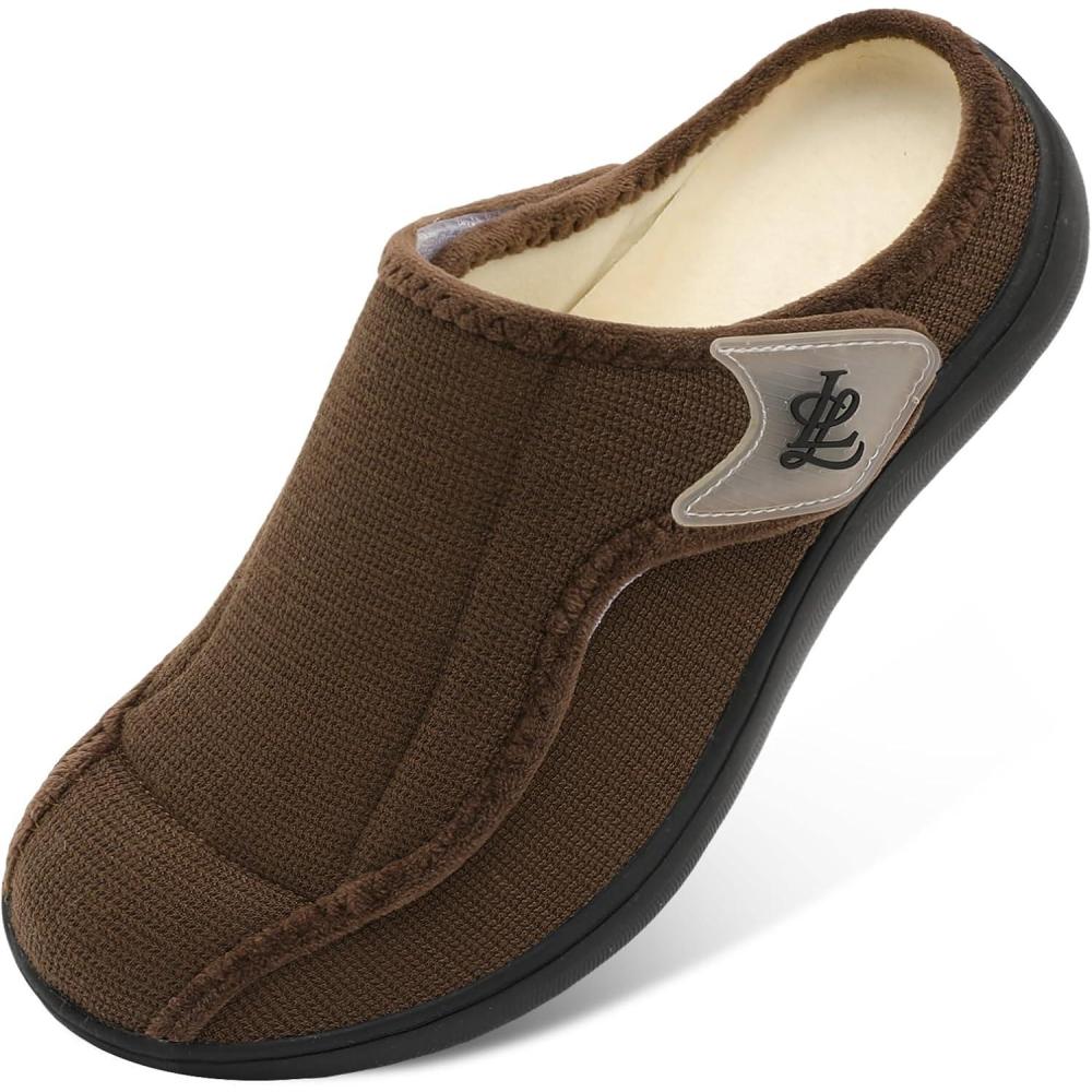 imageLeIsfIt Mens Slippers Wide Diabetic House Slippers Adjustable Slip On Warm Bedroom House Shoes for Edema Swollen Feet Indoor Outdoor SlipperChocolate
