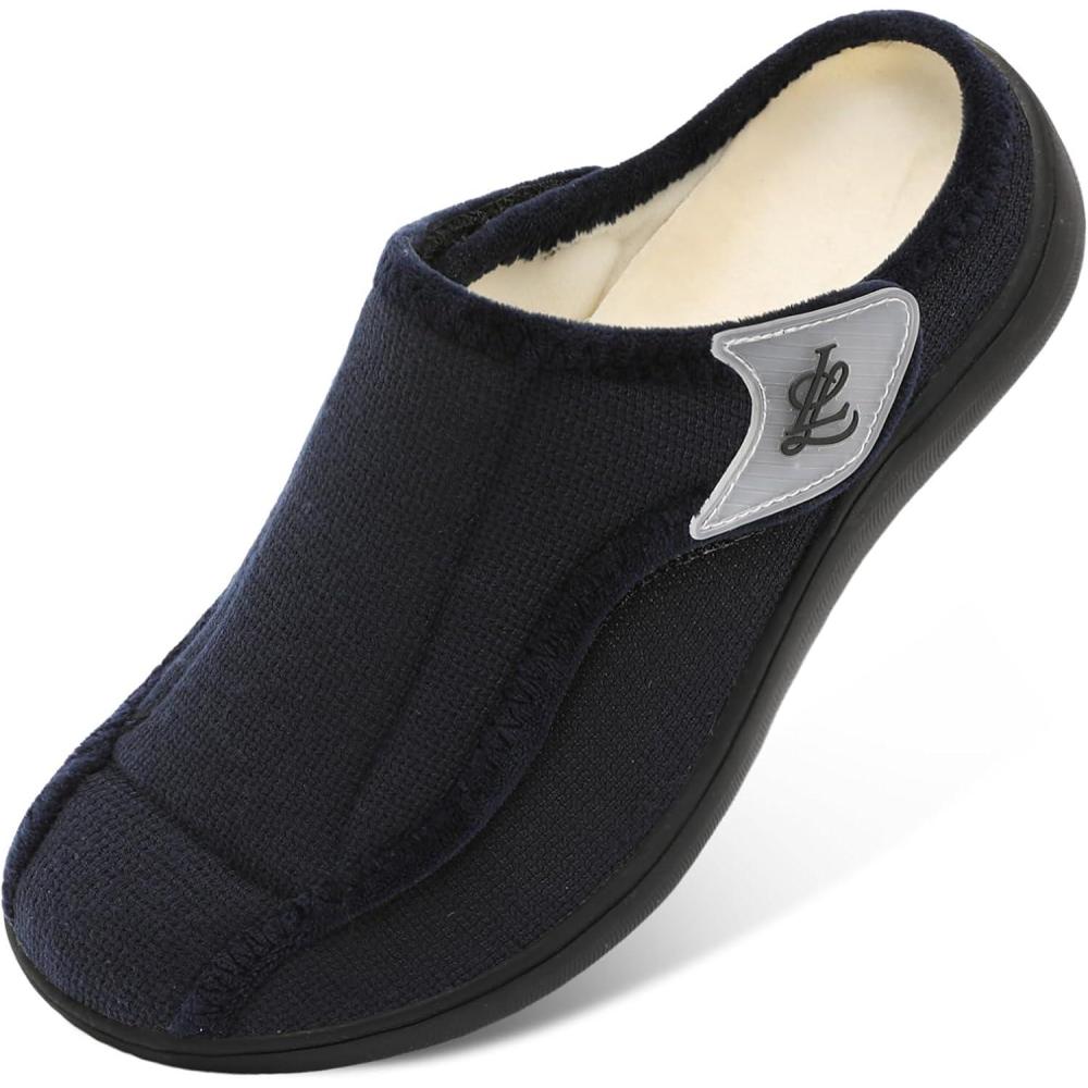 imageLeIsfIt Mens Slippers Wide Diabetic House Slippers Adjustable Slip On Warm Bedroom House Shoes for Edema Swollen Feet Indoor Outdoor SlipperNavy