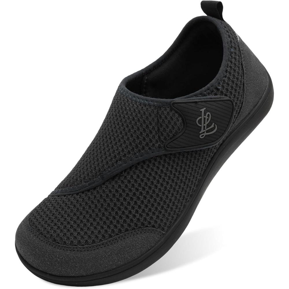 imageLeIsfIt Mens Wide Diabetic Shoes Adjustable Barefoot Walking Shoes Breathable Zero Drop Sneakers for Wide Width Arthritis Edema FeetBlack