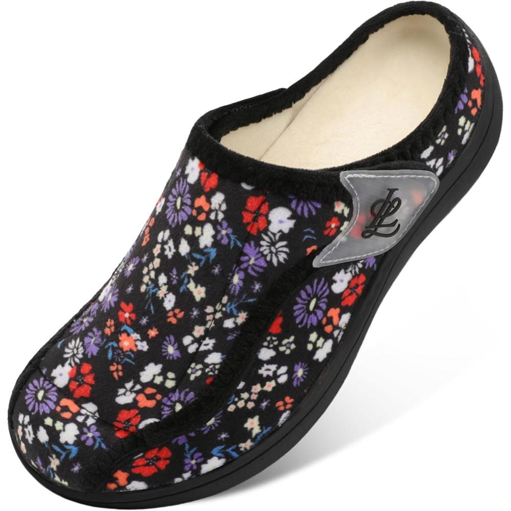 imageLeIsfIt Slippers for Women Extra Wide House Slippers Elderly Slip on House Shoes NonSlip Indoor Outdoor Slipper Adjustable for Diabetic Swollen FeetBlackflower