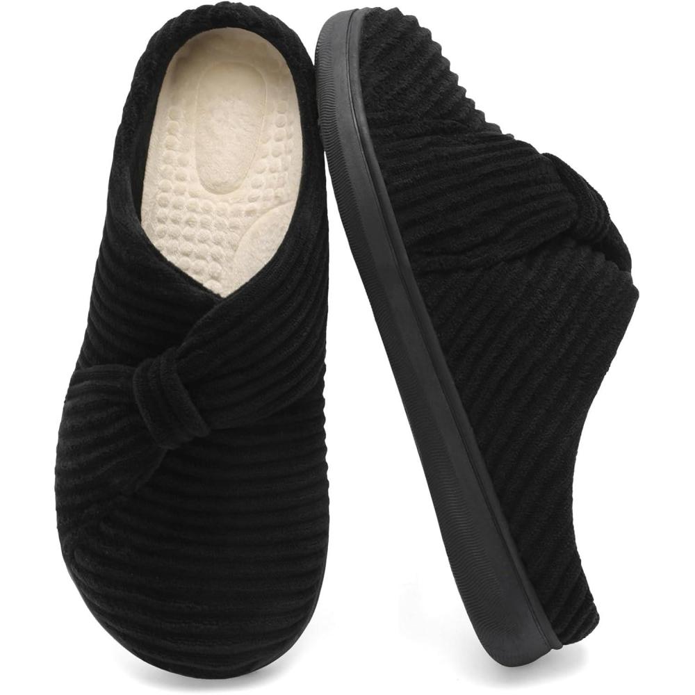 imageLeIsfIt Slippers for Women Wide Memory Foam House Slippers Corduroy Slip on Bedroom Slipper Nonslip Warm House Shoes Indoor and OutdoorBlack