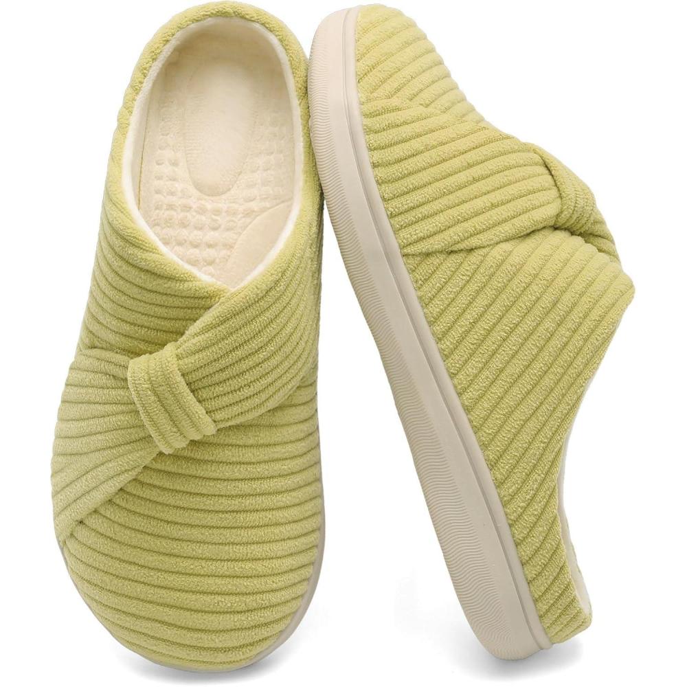 imageLeIsfIt Slippers for Women Wide Memory Foam House Slippers Corduroy Slip on Bedroom Slipper Nonslip Warm House Shoes Indoor and OutdoorGreen