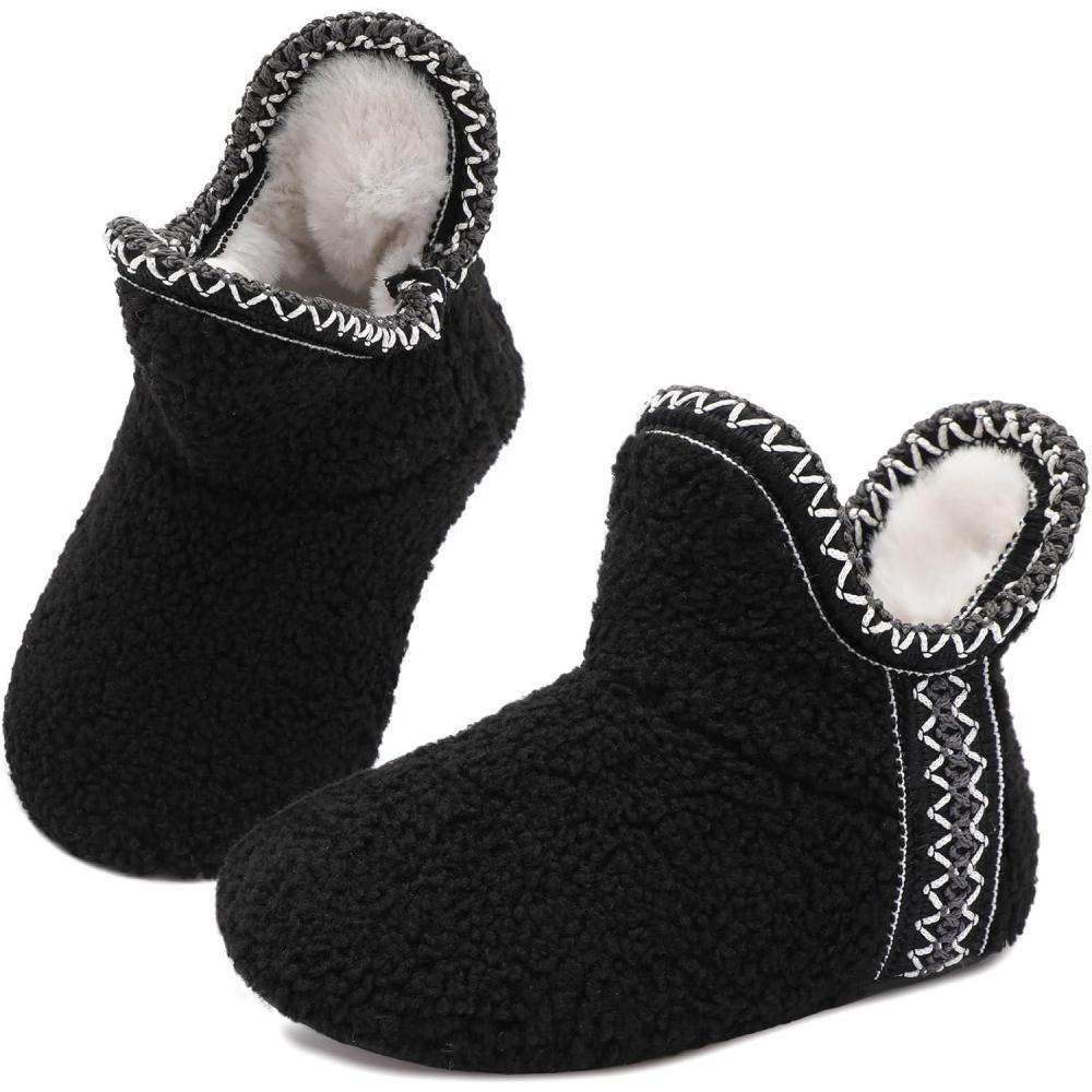 imageLeIsfIt Toddler Slippers Boys Girls Cozy Warm House Shoes Kids Nonslip Winter Slipper Booties Slip on Plush Lining Sock SlippersAllblack