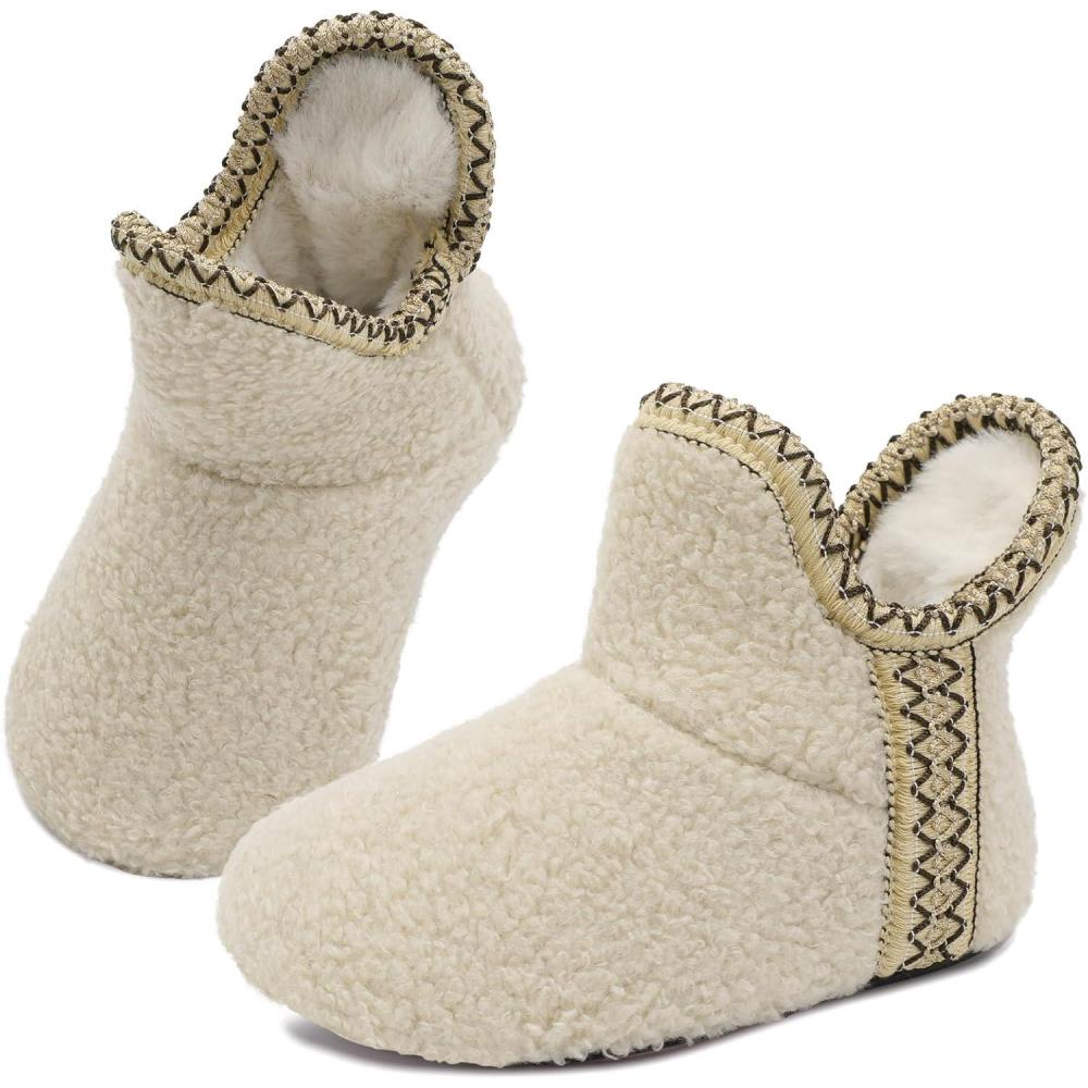 imageLeIsfIt Toddler Slippers Boys Girls Cozy Warm House Shoes Kids Nonslip Winter Slipper Booties Slip on Plush Lining Sock SlippersBeige