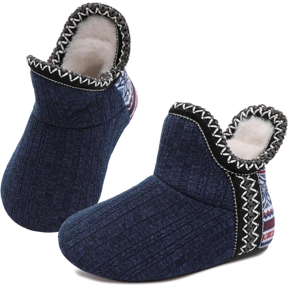 imageLeIsfIt Toddler Slippers Boys Girls Cozy Warm House Shoes Kids Nonslip Winter Slipper Booties Slip on Plush Lining Sock SlippersNavy