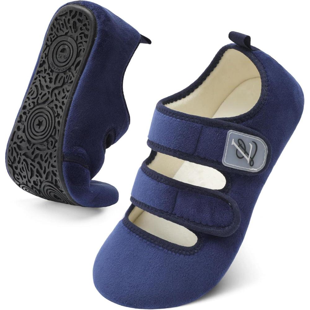 imageLeIsfIt Womens Slippers Adjustable Diabetic Slippers Wide Soft Arthritis Edema House Shoes Warm Fuzzy Slipper Socks with Rubber SoleNavy