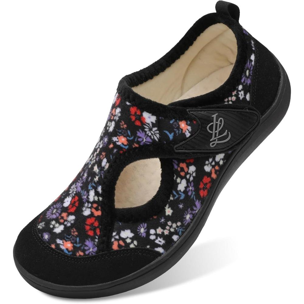 imageLeIsfIt Womens Slippers Wide Diabetic Shoes Adjustable Arthritis Edema House Shoes Indoor Outdoor SlippersFlowerBlack