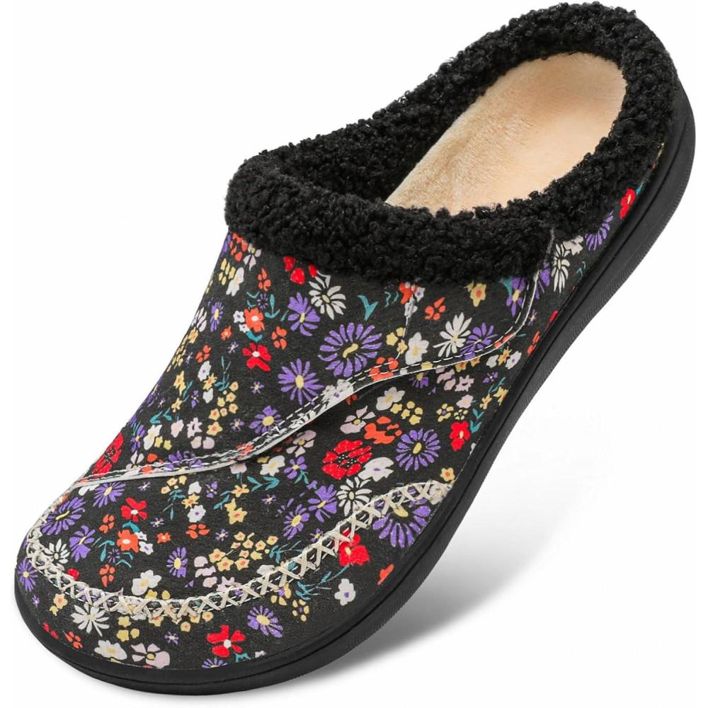 imageLeIsfIt Womens Wide Slippers Adjustable Diabetic Slippers Warm Cozy Slip on House Slipper Nonslip Memory Foam Winter House Shoes Indoor OutdoorBlack Flower