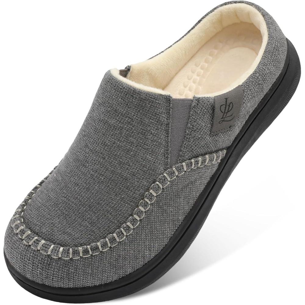 imageLeIsfIt Mens Slippers Memory Foam House Slippers with Wide Widths Moccasins Home Bedroom Slipper Slipon House Shoes with Rubber Sole for Indoor OutdoorGrey