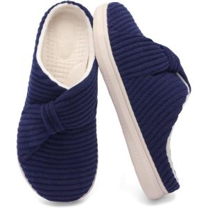 LeIsfIt Slippers for Women Wide Memory Foam House Slippers Corduroy Slip on Bedroom Slipper Non-slip Warm House Shoes Indoor and Outdoor(Navy)