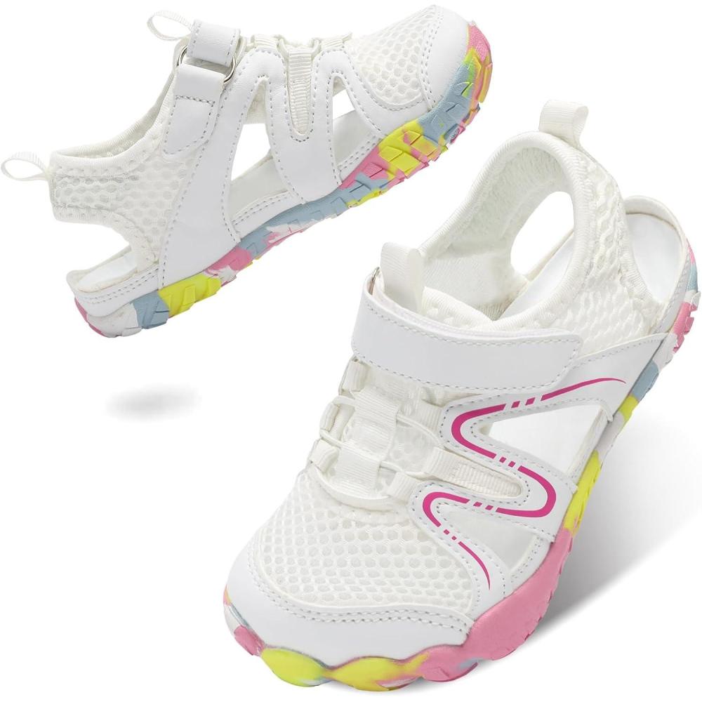 imageLeisfit Kids Sandals Boys Girls Wide Sandals Nonslip Toddler Water Sandal Shoes Lightweight Barefoot for Beach Swim HikingWhite