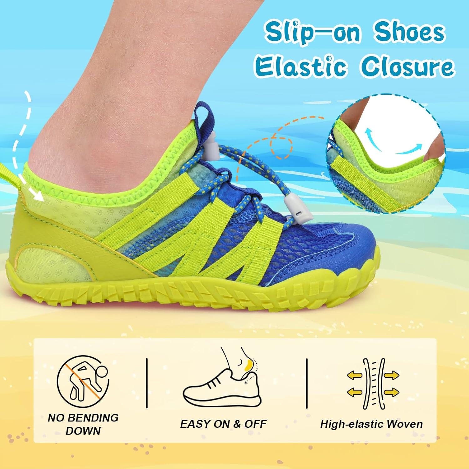 imageLeIsfIt Kids Water Shoes Boys Girls Wide Barefoot Swim Shoes Quick Dry Aqua Socks with NonSlip Sole for Beach Pool Surf HikingYellow Blue