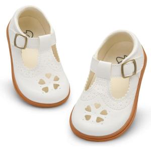 LeIsfIt Toddler Girl Mary Jane Dress Shoes Wide Ballet Flats for Girls Party School Wedding Church Shoes(White)