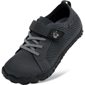 LeIsfIt Kids Barefoot Shoes Boys Girls Wide Toe Box Zero Drop Sneakers | Breathable Knit Upper, Hook and Loop Closure, Anti-Slip Outsole, Reinforced Toe, Minimalist, Hiking, Climbing, Outdoor(Dark Grey)