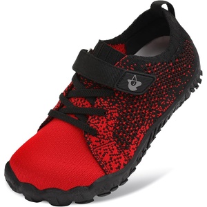 LeIsfIt Kids Barefoot Shoes Boys Girls Wide Toe Box Zero Drop Sneakers | Breathable Knit Upper, Hook and Loop Closure, Anti-Slip Outsole, Reinforced Toe, Minimalist, Hiking, Climbing, Outdoor(Redblack)