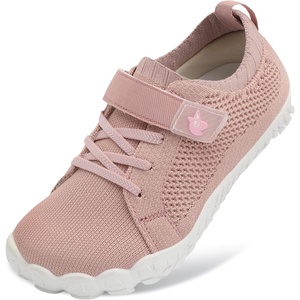 LeIsfIt Kids Barefoot Shoes Boys Girls Wide Toe Box Zero Drop Sneakers | Breathable Knit Upper, Hook and Loop Closure, Anti-Slip Outsole, Reinforced Toe, Minimalist, Hiking, Climbing, Outdoor(Pink)