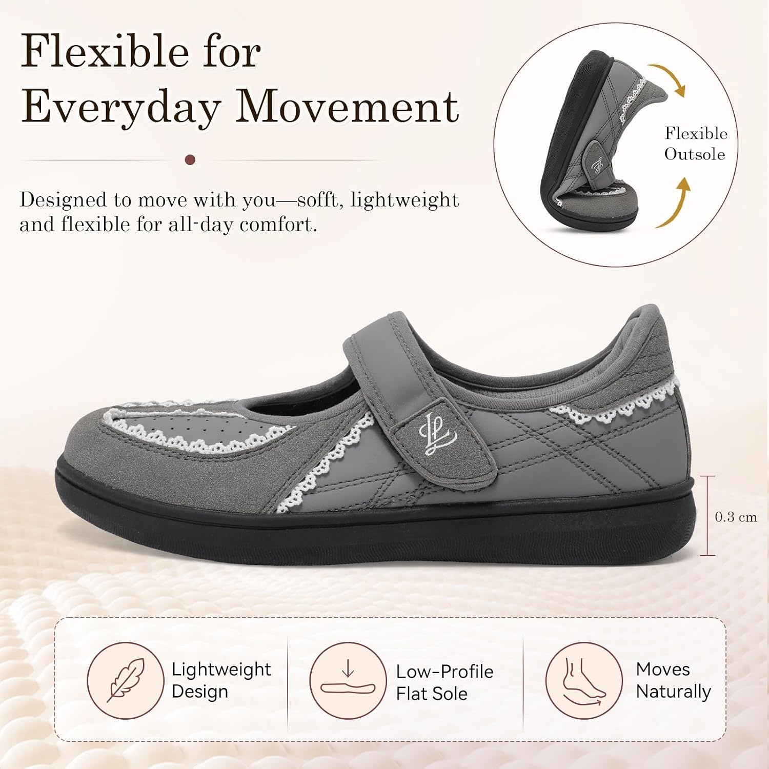 image:imageLeIsfIt Womens Mary Jane Flats Wide Toe Box Comfortable Walking ShoesGrey