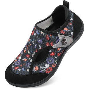 LeIsfIt Wide Toe Box Diabetic Shoes for Women Zero Drop Barefoot Sneakers Breathable Adjustable for Edema Swollen Feet & Seniors(D-black Flower)