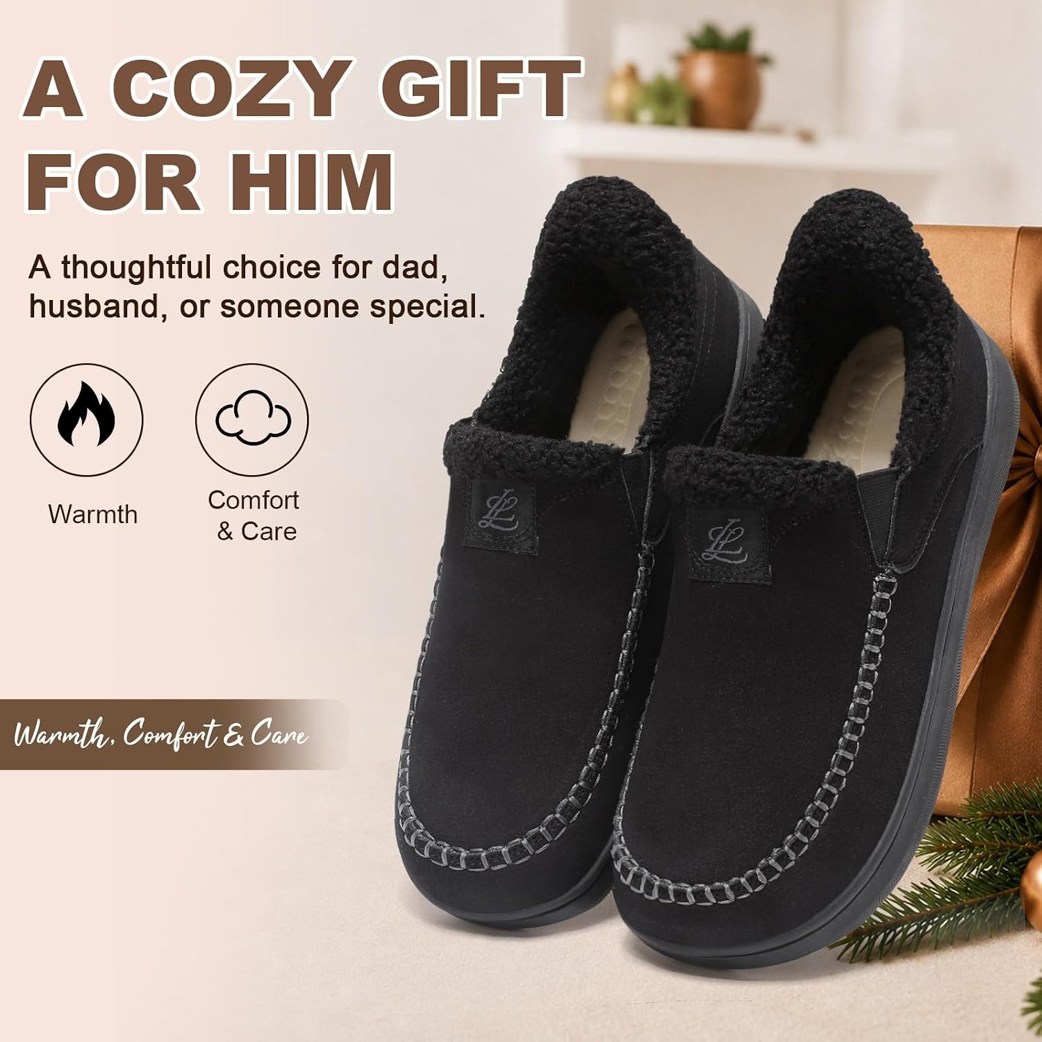 image:imageLeIsfIt Mens Moccasin Slippers Wide Toe Box SlipOn Winter House ShoesBlack