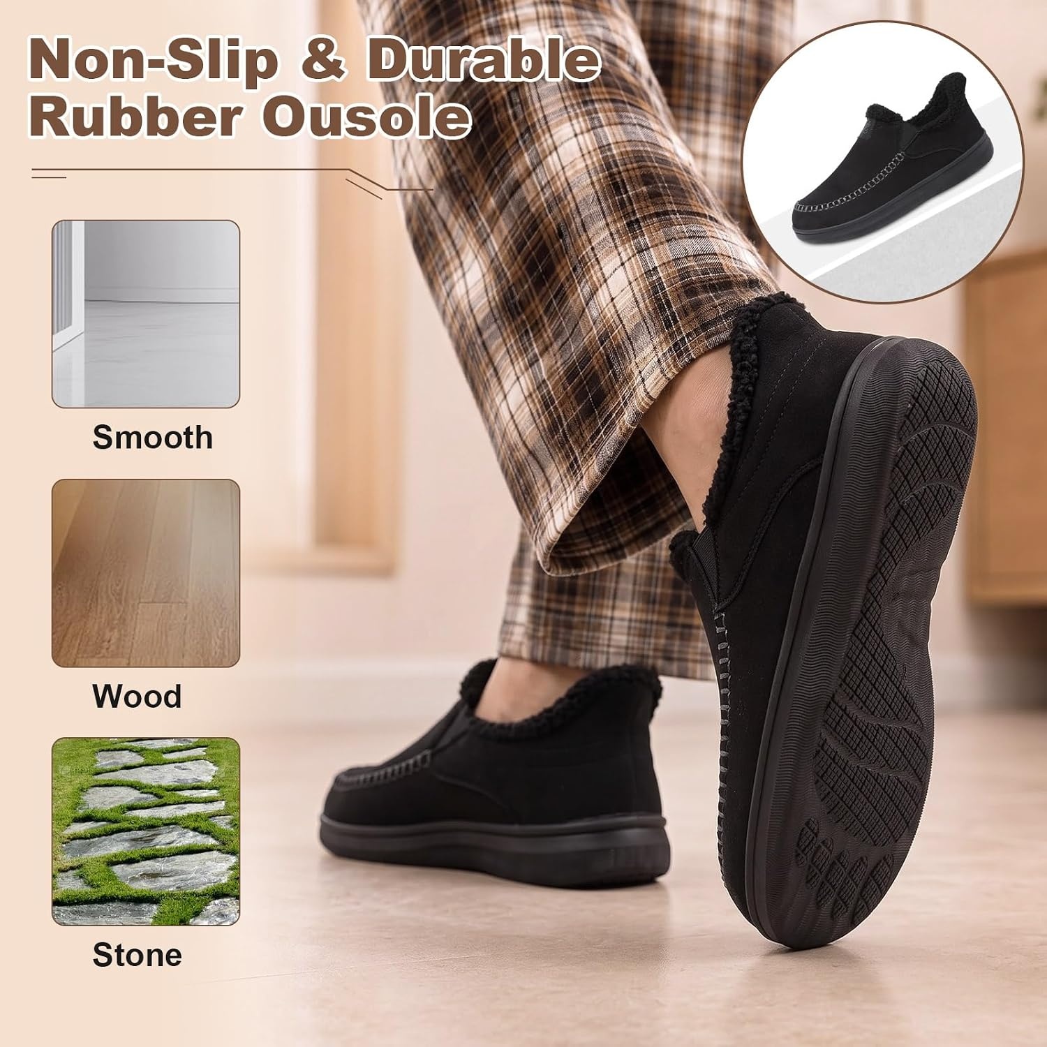 image:imageLeIsfIt Mens Moccasin Slippers Wide Toe Box SlipOn Winter House ShoesBlack