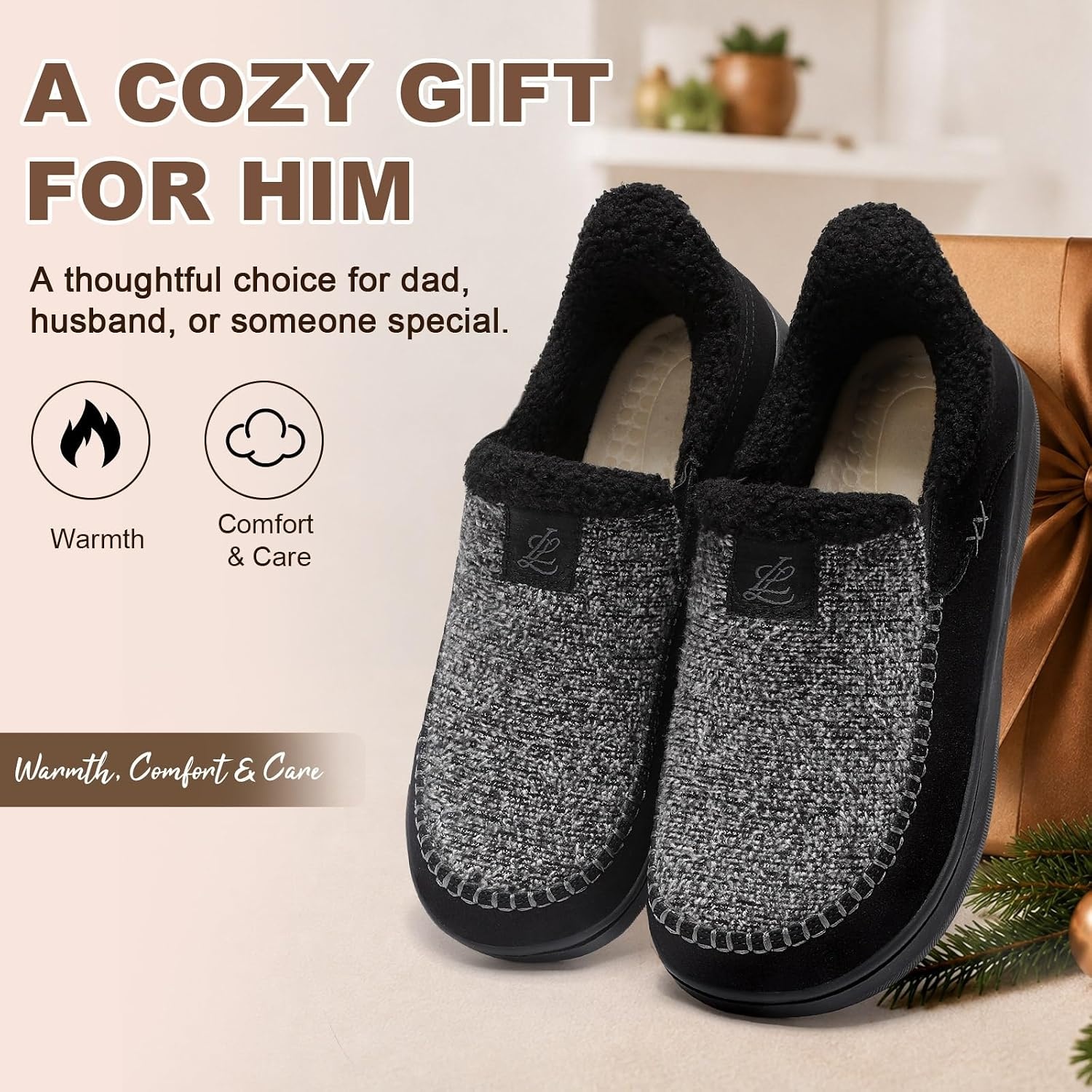 image:imageLeIsfIt Mens Moccasin Slippers Wide Toe Box SlipOn Winter House ShoesBlack Mix